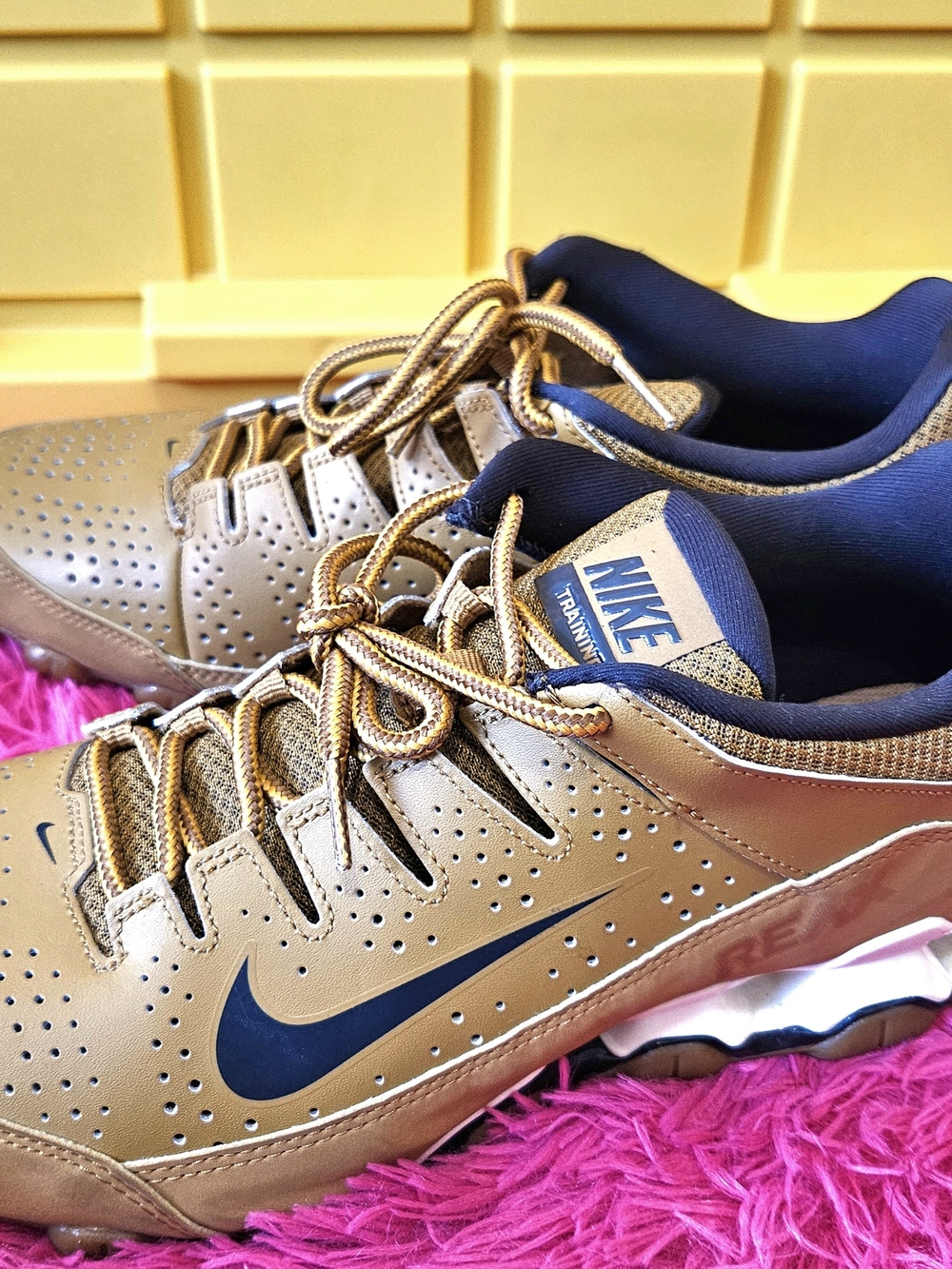 Nike Men’s Metallic Gold Athletic Shoes with Navy Swoosh